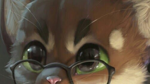 A drawing of Nall, close up on their green eyes, glasses and pink nose.